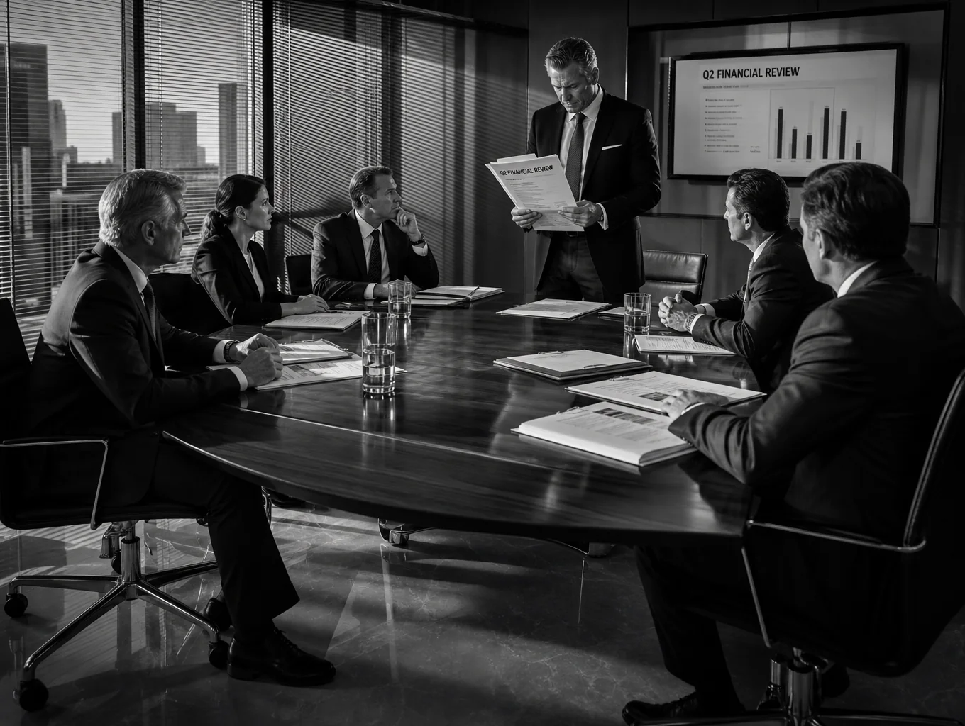 Executive team reviewing digital presentations in high-stakes strategy session