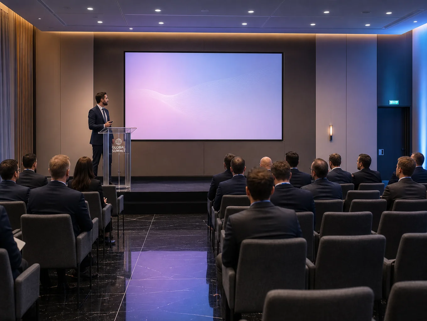 Corporate conference keynote session in progress