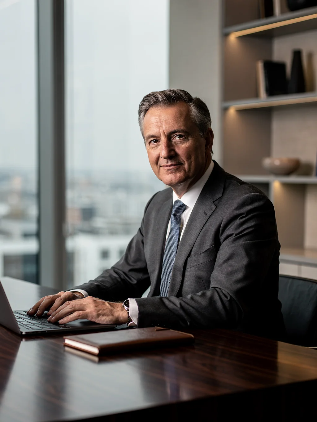 Professional corporate headshot of an executive in a modern office setting