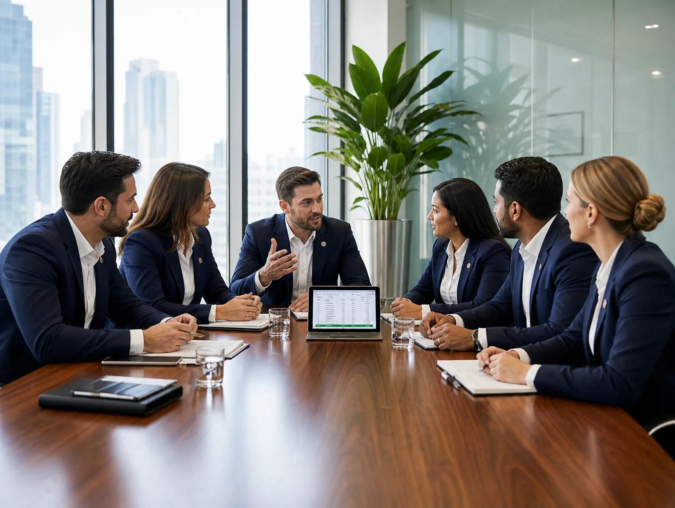 Senior leaders in discussion around a modern conference table