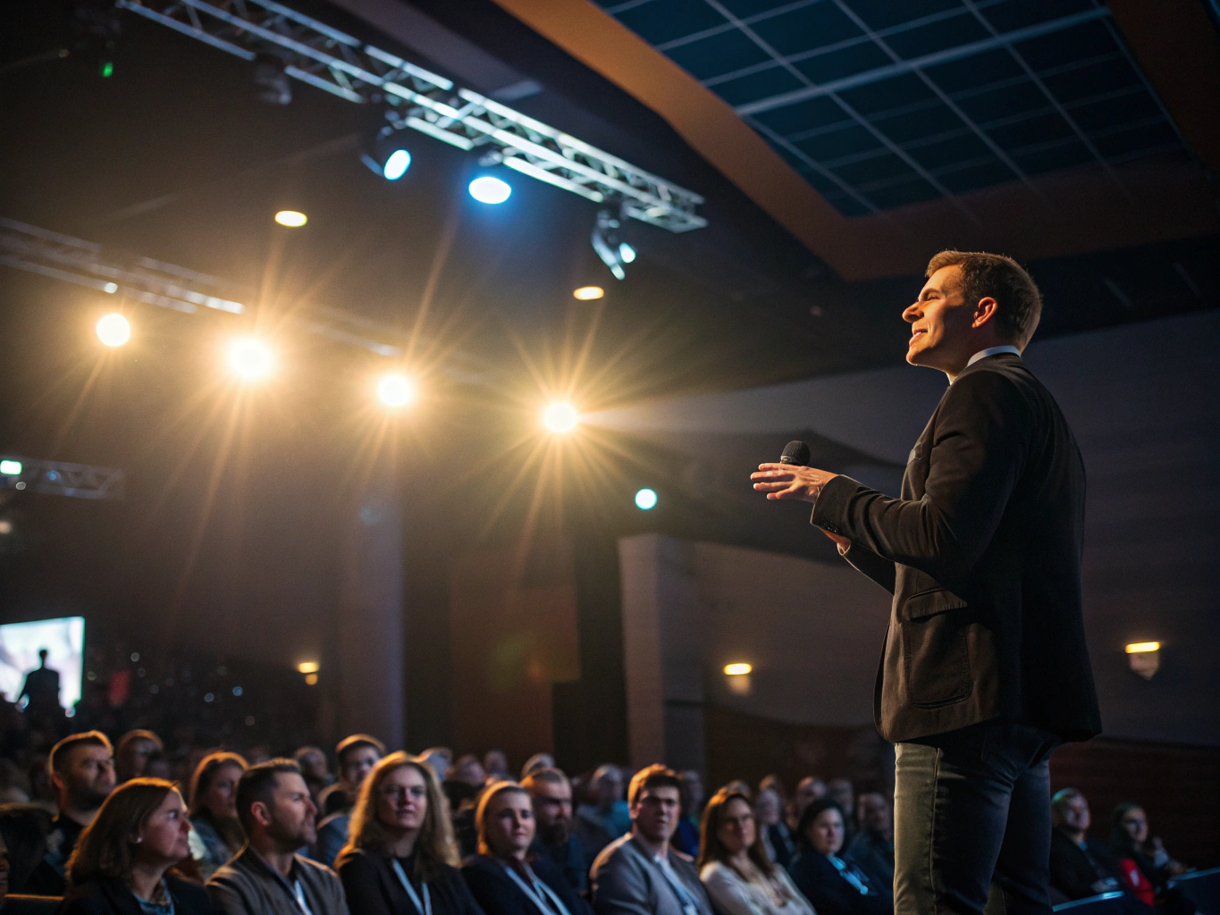 Keynote speaker addressing an audience of executives from the main auditorium stage